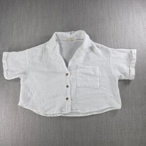Say Anything Gauze Top Women Medium White Cotton Cropped Short Sleeve‎ Button Up